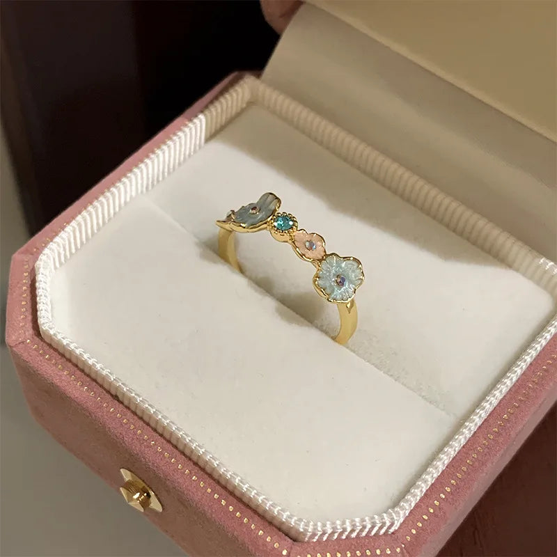 PANJBJ 925 Sterling Silver Golden Flower Rings For Women Drip Glaze Plant Irregular Adjustable Sweet Jewelry Gift Dropshipping