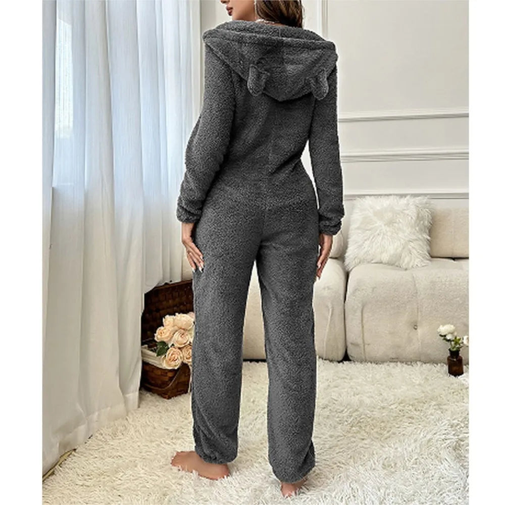 Fashion Plush Ear Hooded One-piece Pajamas Women Autumn Winter New V-neck Long-sleeved Loose Casual Trousers Home Wear Jumpsuits