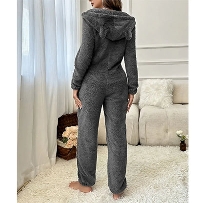 Fashion Plush Ear Hooded One-piece Pajamas Women Autumn Winter New V-neck Long-sleeved Loose Casual Trousers Home Wear Jumpsuits