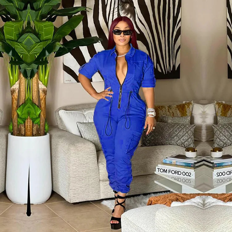 Women's Cargo Style Sexy Jumpsuits Front Zipper Slim Female Sexy Street Party 2025 Summer New Fashion One Piece Suit Long Romper
