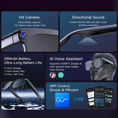 New Smart Glasses 800W HD Pixel Camera Dual Speakers 290mAh Battery Real-time Translation Al Voice Assistant Men Sunglasses