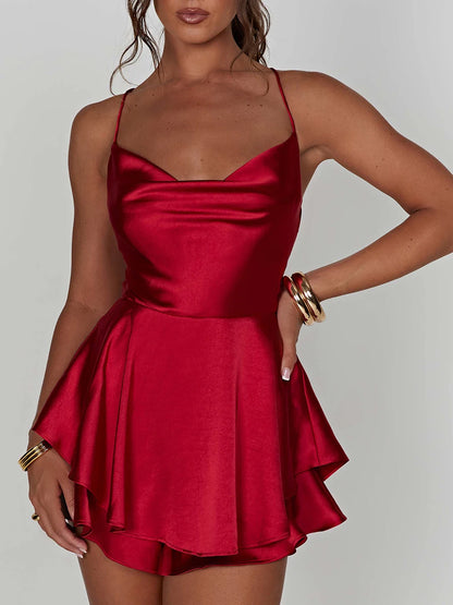 Women Sleeveless Satin Playsuits Fashion Summer Short Sling Backless Jumpsuits Cross Tie-Up Bandage Romper Streetwear Outfit
