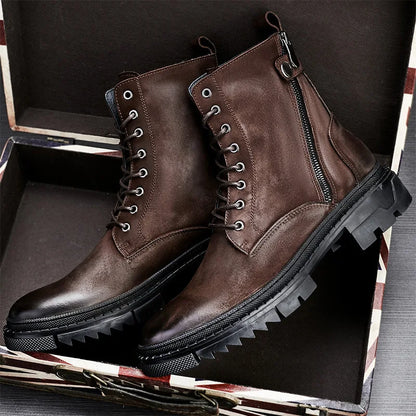 Round Head Casual Combat Boots Thick-soled High Boots Men's High Top Leather shoe Zipper Leather Boots motorcycle boots men