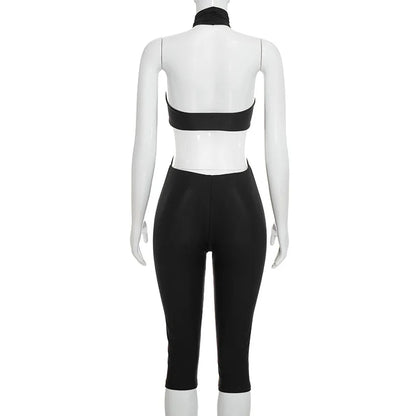Stylish Lady Halter Jumpsuit Women Metal Ring Cutout Splicing Bodycon Capri Jumpsuit Backless Hollow Out Slim Club Party Romper
