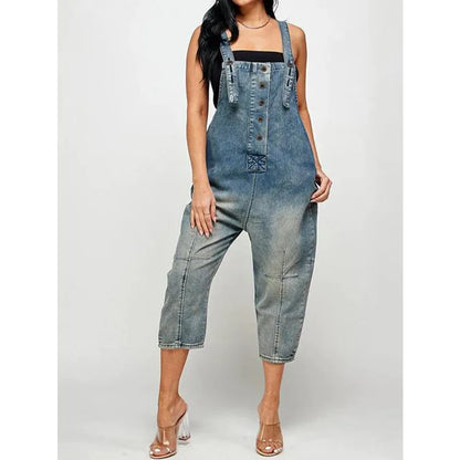Women One Piece Jumpsuits Denim Pants Overalls Sleeveless Straight Trousers Spliced Rompers Casual Office Ladies Autumn