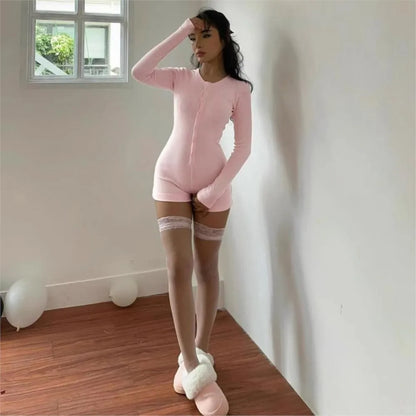 Women's Clothing  Solid Color Jumpsuit Long Sleeve Jumpsuits For Woman Bodycon Bodycon buttons Shorts Simple Style Temperament