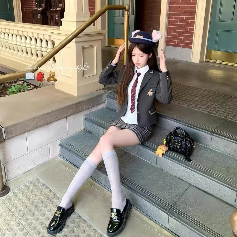 Korean and Japanese JK Uniform Suits for Women Autumn and Winter New Style College Plaid Skirt Short Small Suit Waist Shirt Suit