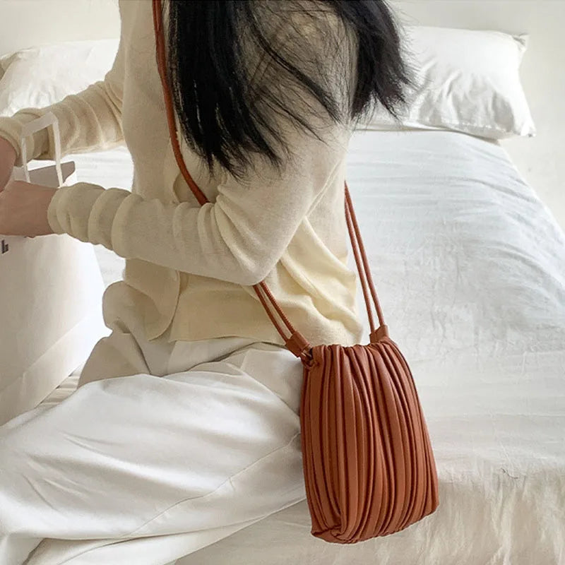 PU Leather Small Square Crossbody Bags for Women 2026 New Fashion Pleated Versatile Phone Shoulder Bag Korean Luxury Handbags