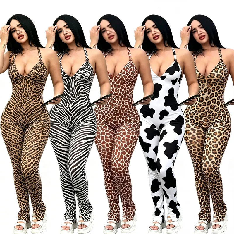 Doyerl Leopard Print Women's Jumpsuits and Rompers Sleeveless Halter V-neck Backless Ruched Skinny Club Party One Piece Overalls
