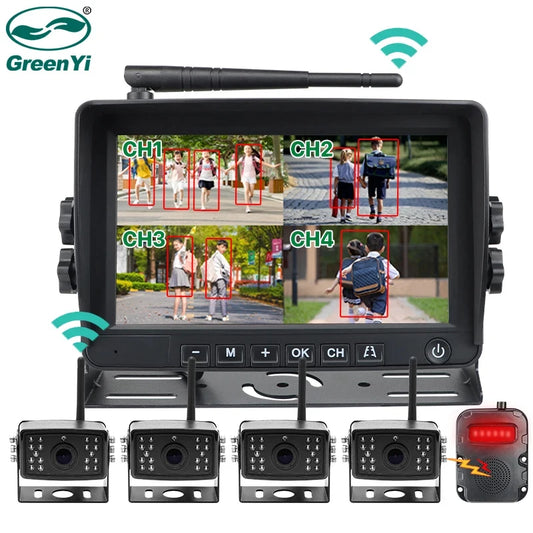 GreenYi 7'' Wireless AHD Blind Spot Radar BSD Alarm DVR Record Split Screen IPS Monitor Wifi IR Camera For Car Truck Bus Vans RV