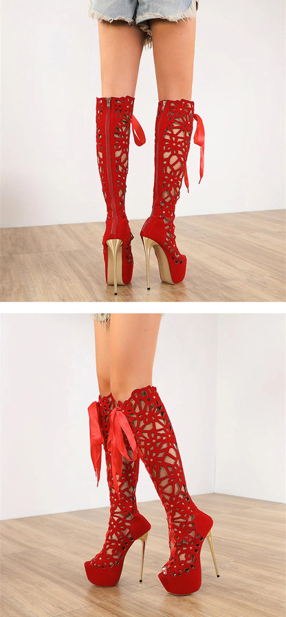 16CM Ultra Thin High Heels Sexy Nightclub Hollow Out Over The Knee Boots Women Peep Toe Lace-Up Zip Platform Shoes Sandals