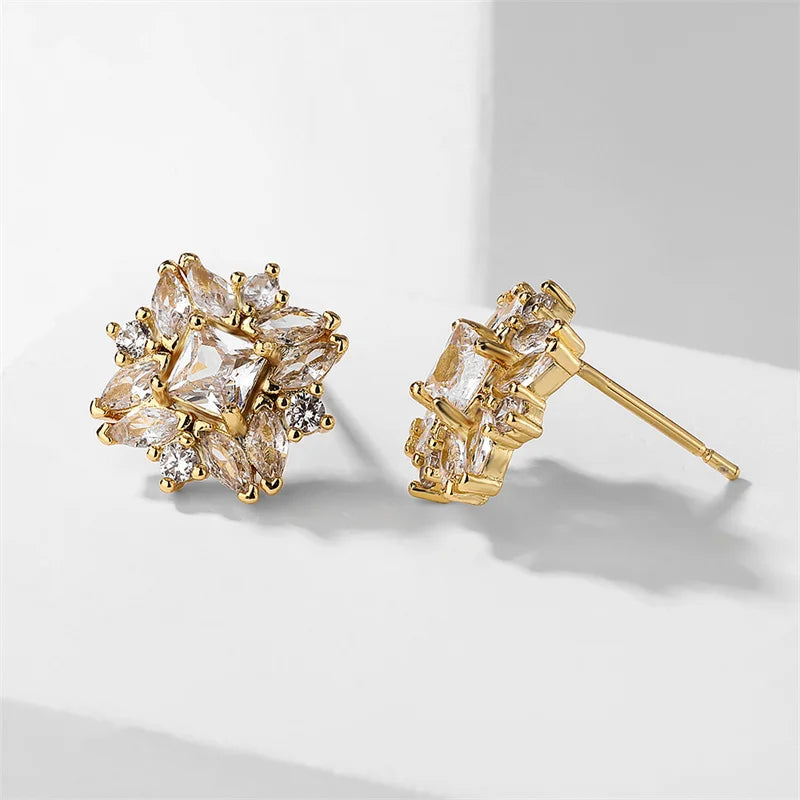 ZAKOL Luxury Flower Square Zirconia Stud Earrings For For Women Girls Gold Color Metal Crystal Ears Jewelry Wedding Festival