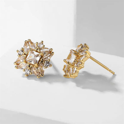 ZAKOL Luxury Flower Square Zirconia Stud Earrings For For Women Girls Gold Color Metal Crystal Ears Jewelry Wedding Festival
