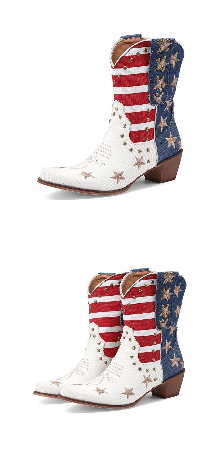 Western Women Cowboy Ankle Boots Denim Embroidery Star Rivet Warped Pointed Toe High Heels American Cowgirl Vintage Short Boots