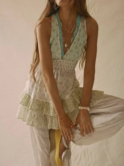 Women Summer Boho Floral Halter Mini Dress Deep V neck  Flowy Short Sling Dress Sleeveless Low Cut Holiday Sundress