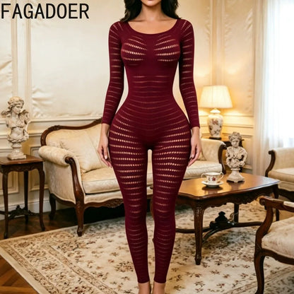 FAGADOER Women Sexy Knit See Through Bodycon Jumpsuits 2026 Summer Solid Color Hollow Out Rompers Night Party Club Playsuits New