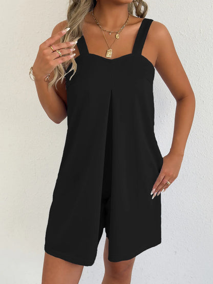 Women Sleeveless Strap Short Romper Heart Neck Pleated Wide Leg Jumpsuit With Pockets Loose Summer Casual Beach Vacation Outfit