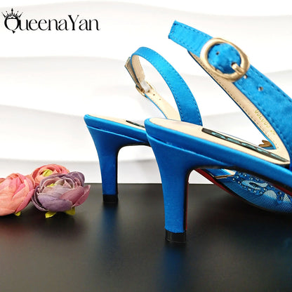 Luxury African Nigerian Bride Party Shoes Sky Blue All Rhinestone Pointed Heels Matching Shoe Bag Set