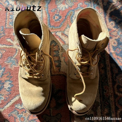 Yellow Street Style High-Top Suede Work Ankle Boots Men's Lace Up Flat Shoes Outdoor Trendy Versatile Daily Casual Short Boots