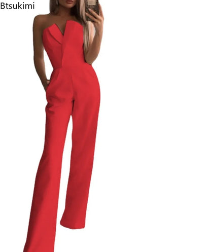 New Fashion Women's Elegant Jumpsuits Solid Off Shoulder Sexy Slim Jumpsuits Female Sleeveless High Waist Wide Leg Rompers Pants