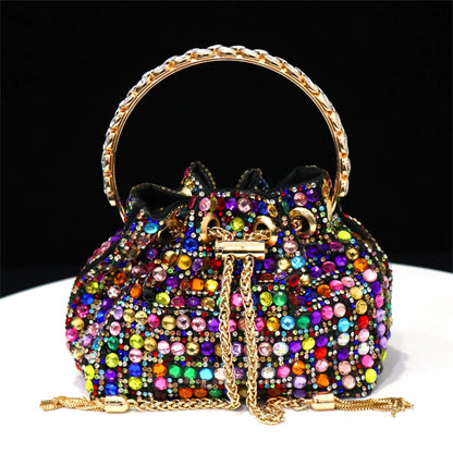 Elegant Multicolor Rhinestone Slingback Heels & Bucket Bag Set Luxury Crystal Matching Kit for Wedding Party Evening Bridal Form