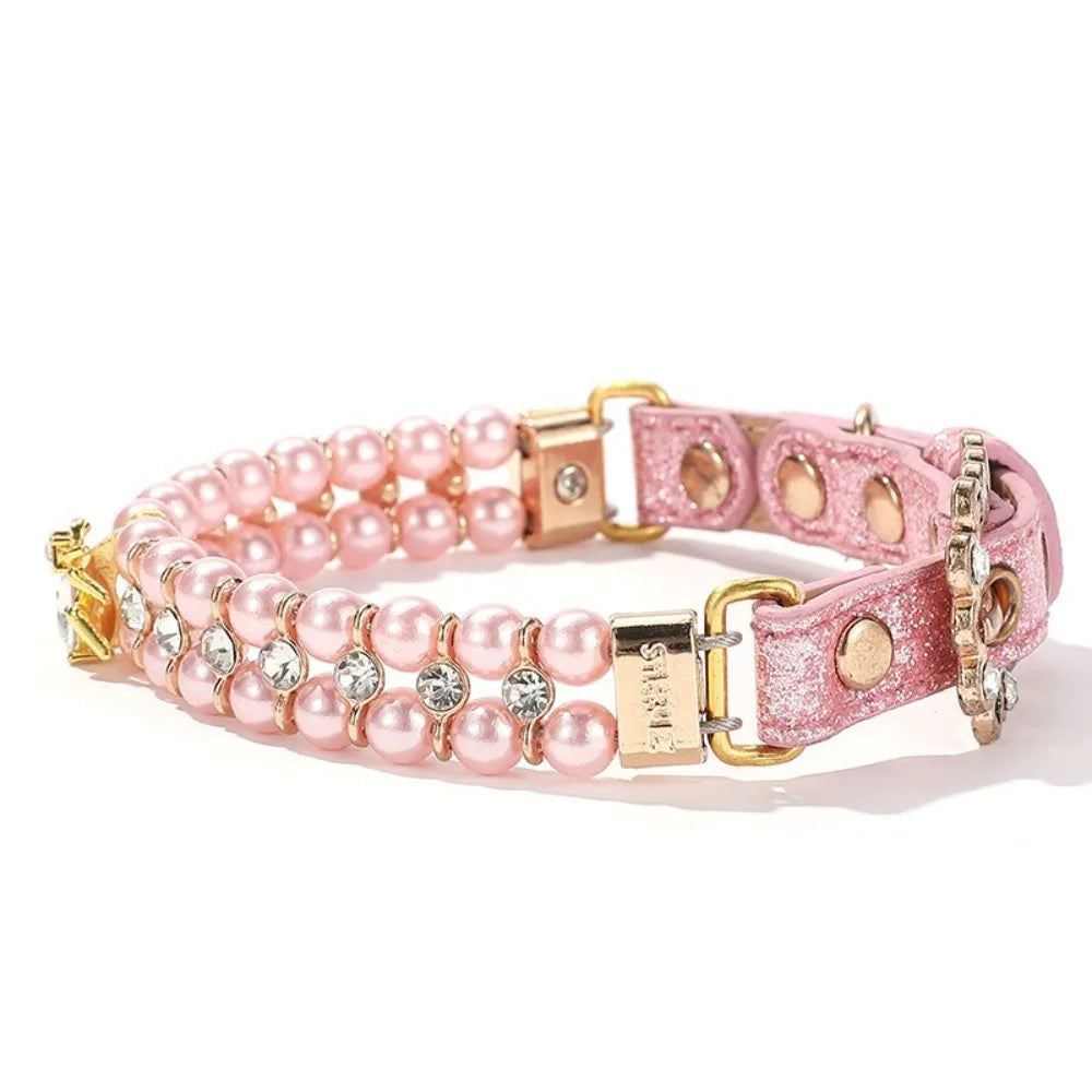 Adjustable Dog Cat Pearl Collars Rhinestone Bling Crystal Cat Necklace Luxury Jewelry PU Neck Strap for Small Dogs for Kitten