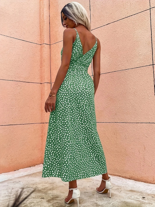 Elegant Ladies Spotted Print Split-Design Halter Dress with Waist-Cinching Feature Fashionable Women's Summer Dress