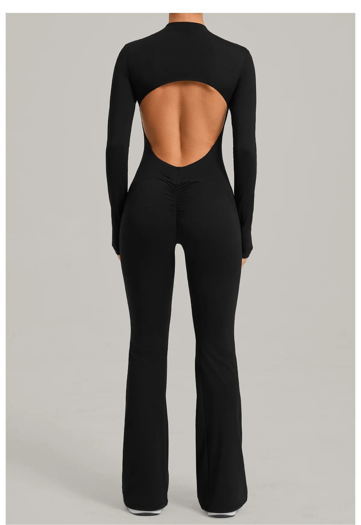Women Long Sleeve Zip Yoga Bodysuit Cutout Back Scrunch Butt Lift Tummy Control Sweat Wicking Fabric Gym Workout Flare Jumpsuit