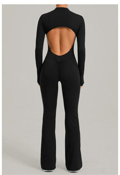 Women Long Sleeve Zip Yoga Bodysuit Cutout Back Scrunch Butt Lift Tummy Control Sweat Wicking Fabric Gym Workout Flare Jumpsuit