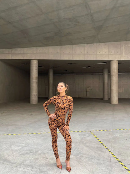 Leopard Print New Women's Jumpsuit Slim Long-sleeved Sexy Flocked See-through Slimming Jumpsuits For Woman Комбинезон Женский