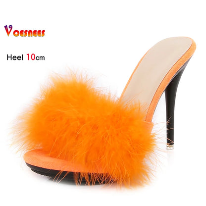 10CM Thin High Heel Summer Furry Slippers For Ladies Mules Fashion Fluffy Fur Slides Sandals 2025 New Brand Women's Party Shoes
