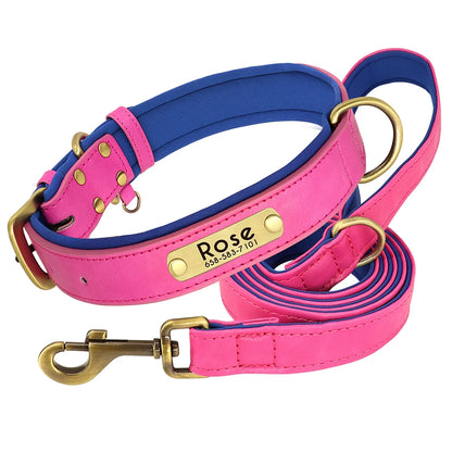 Personalized Dog Collar Leash PU Leather Dogs Collars Pet Rope Engraved Pet ID Name Necklace for Small Large Dogs Soft Padded