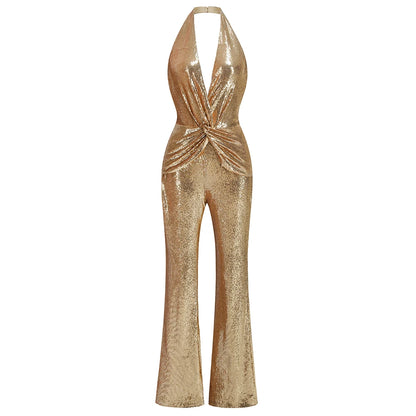 VC Gold Elegant Jumpsuits For Woman Luxury Brown Sequins Design Fashion Party Sexy Backless Sleeveless One Piece Female Clothing