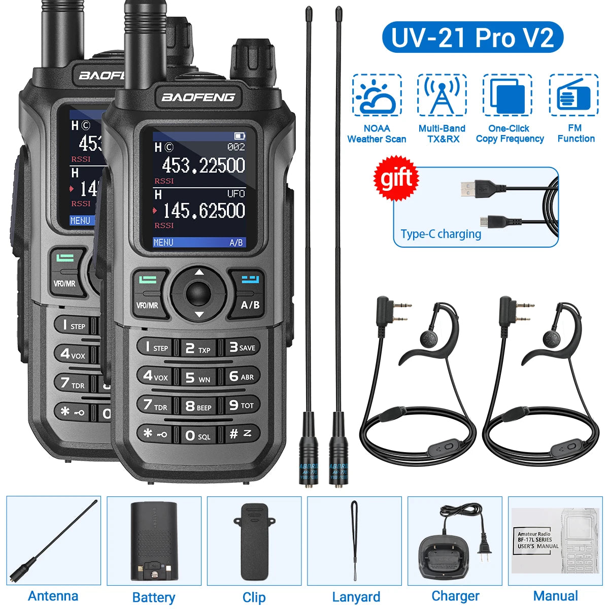 2PCS Baofeng UV-21 Pro Walkie Talkie Multi Band Wireless Copy Frequency Long Range 999CH AM High Power UV 5R K6 5RH Ham Radio
