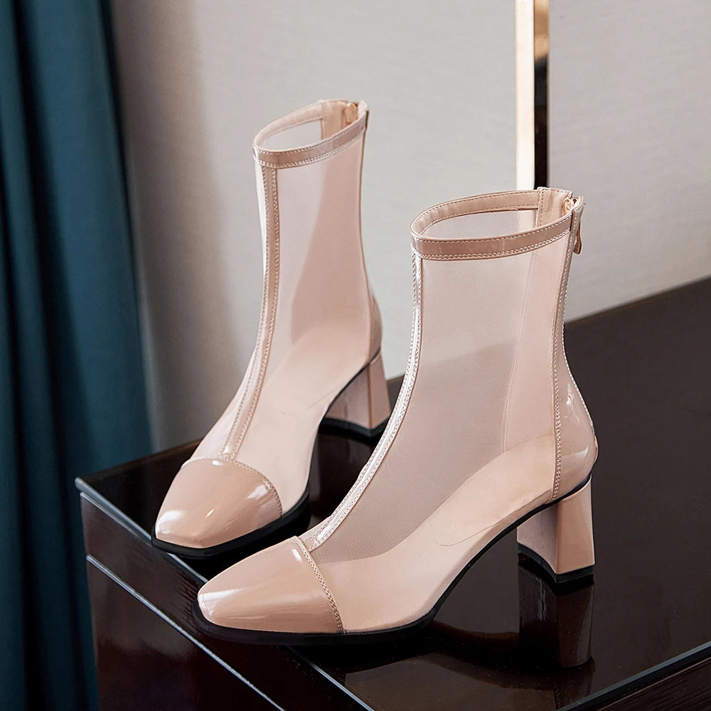 Sexy Air Mesh Zipper Female Boottes Summer Ponited Toe Ankle Boots Patchwork High Heesl Fashion Women Shoes Big Size 32-46