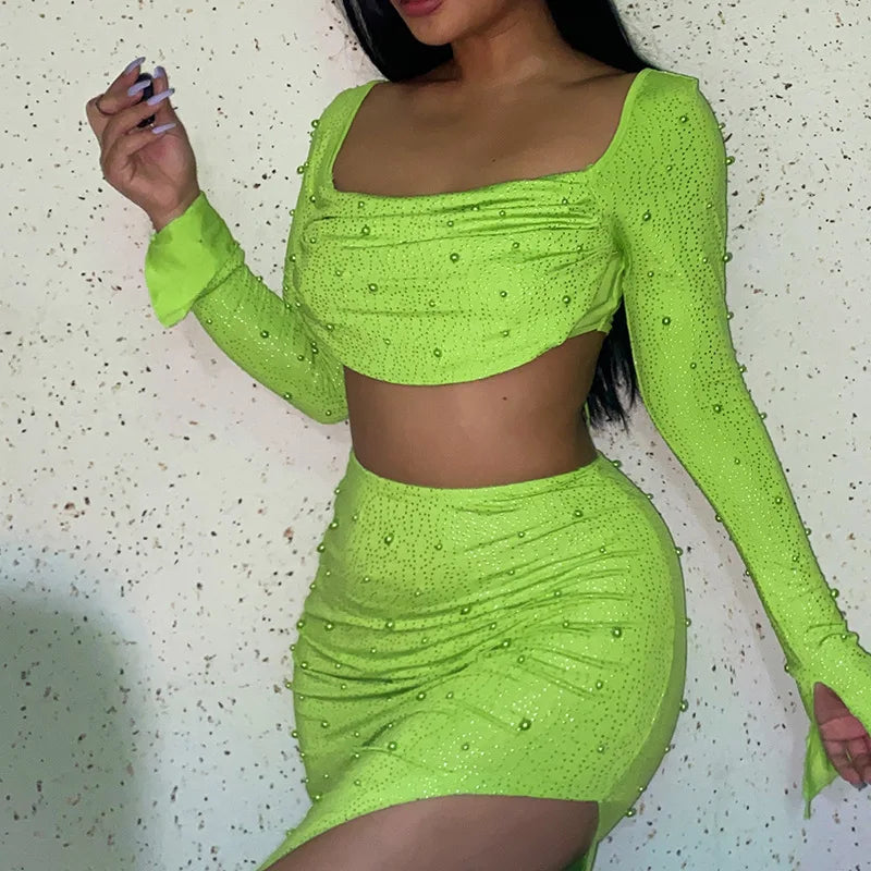 Luxury Y2k Bodycon Sexy Two-piece Set Skirt Sets Sequins Pearls Women Outfits Evening Party Gowns Chic Dresses Short Suits White