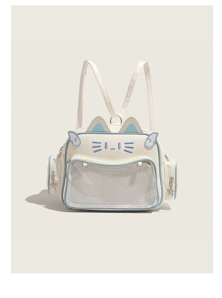 Women's Fashion Backpacks Y2K Korean Japan Kawaii Cat Ita Bag PU Cute Girls Transparent Pocket Aesthetic Shoulder Crossbody Bags