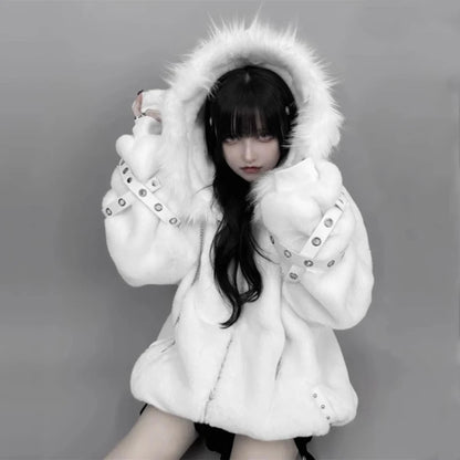 Mauroicardi Autumn Winter Oversized Warm Soft White Faux Fur Coat Women with Hood Harajuku Fashion Fluffy Jacket Streetwear 2025