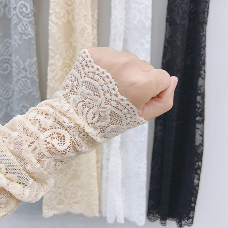 Women Summer Ice Silk Lace Arm Sleeve Elastic Sleeve Driving Gloves Black White Long Fingerless Mittens Sunscreen Gloves