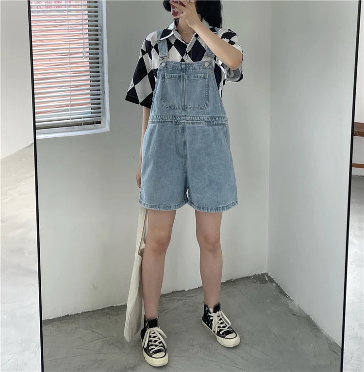 Women's Denim Overalls Short Trousers Wide Leg Loose Fit Thin Jumpsuit Korean Style for Petite Ladies Casual Clothing