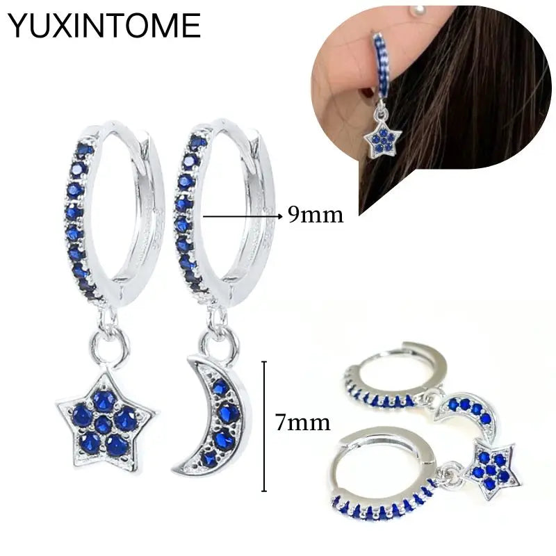 925 Sterling Silver Needle Dark Blue Crystal Silver Earrings Women's Exquisite Heart Blue Pendant Hoop Earrings Luxury Jewelry