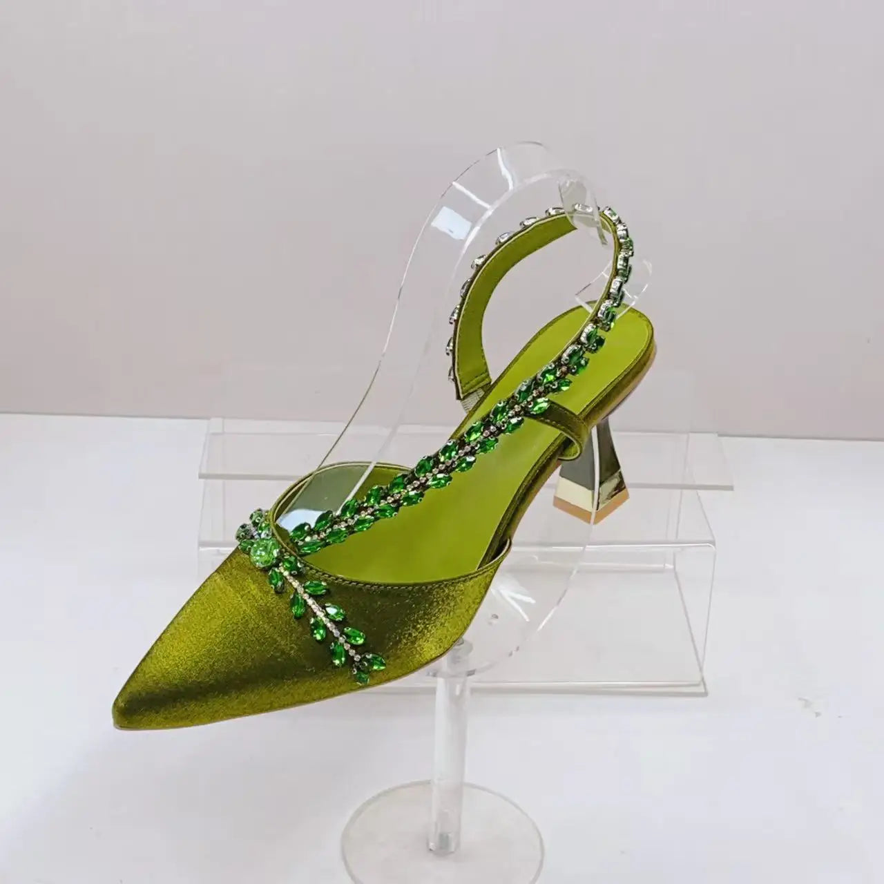 Insightlink Olive Green Rhinestone Chain Pointed Toe Heels Sparkly Crystal Ankle Strap Pumps Luxury Wedding Evening Shoes