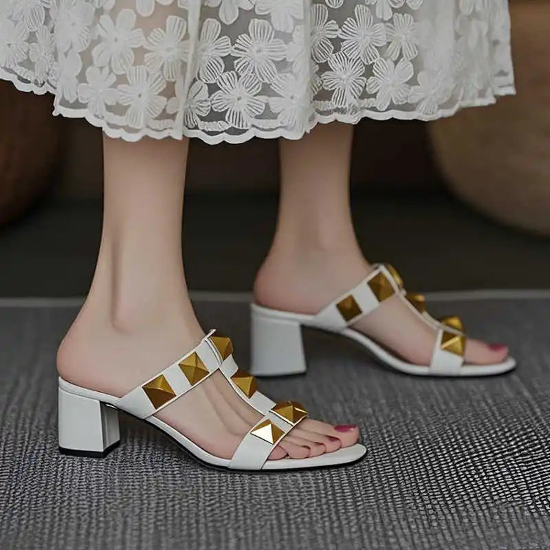 Women's Heels Sandals Gladiator Summer Luxury Brand Designer Rivets Open Toe Slipper Slingbacks Comfortable Ladies Shoes Women