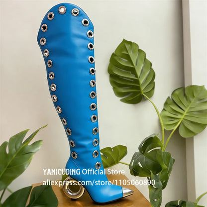Novelty Circle Heel Knee High Boots Metal Pointed Toe Multiple Eyelet Boots Customizable Multi-color High Heeled Boots for Women