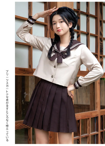 JK School Uniform Set Sailor Suit with Pleated Skirt Milk Tea Color Jk Outfit