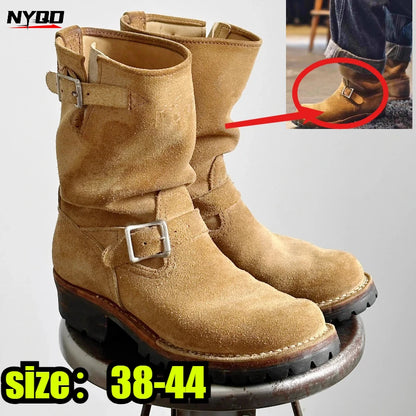 Cow Suede All-Macth Motorcycle Boots Men's Women Engineer Ort Shoes Retro Motorcycle Boots Faded Mid-Calf Shoes Motocross Boots