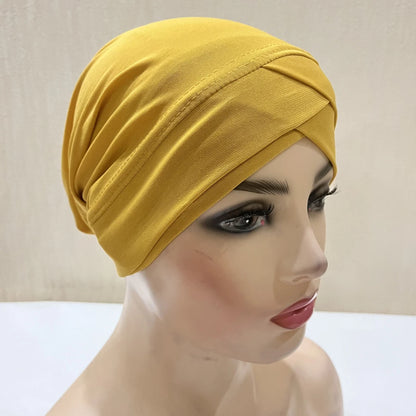 H117 Forehead criss Cross Muslim Turban Pure Color Stretch Inner Hijabs For Caps Ready To Wear Women Head Scarf Under Bonnet