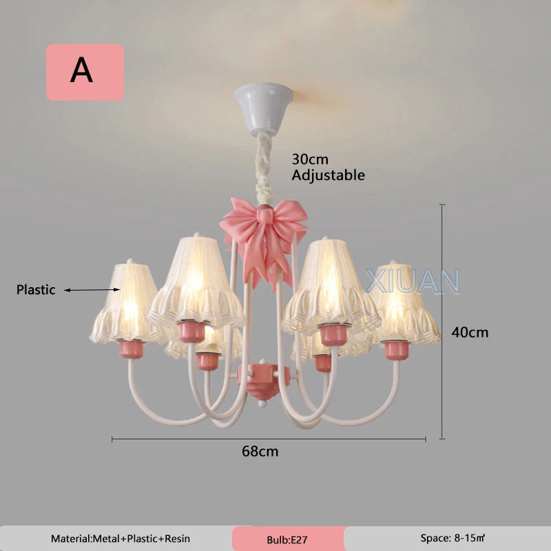 Romantic Princess Room Pink Chandelier Lamps French Bow Tie Pendant Light LED E27 Kids Girl Baby Bedroom Ceiling Chandelier Lamp