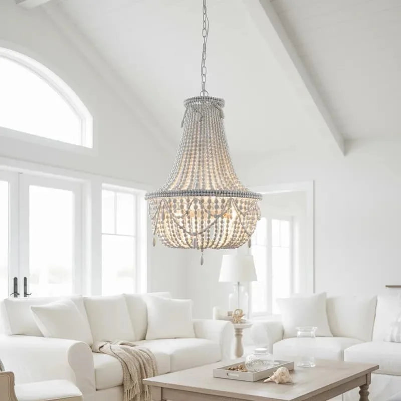 French Country white wood Bead Chandelier dining room bedroom princess Decorative chandelier 3/5 lights hanging light fixture