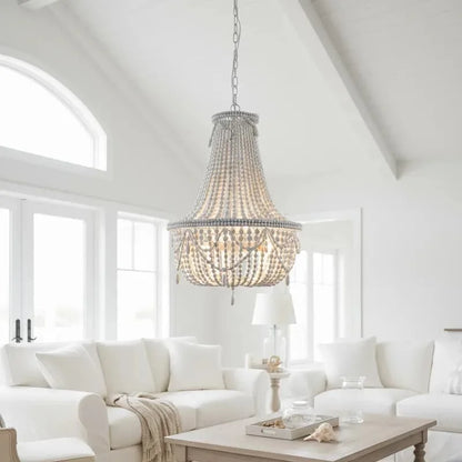 French Country white wood Bead Chandelier dining room bedroom princess Decorative chandelier 3/5 lights hanging light fixture